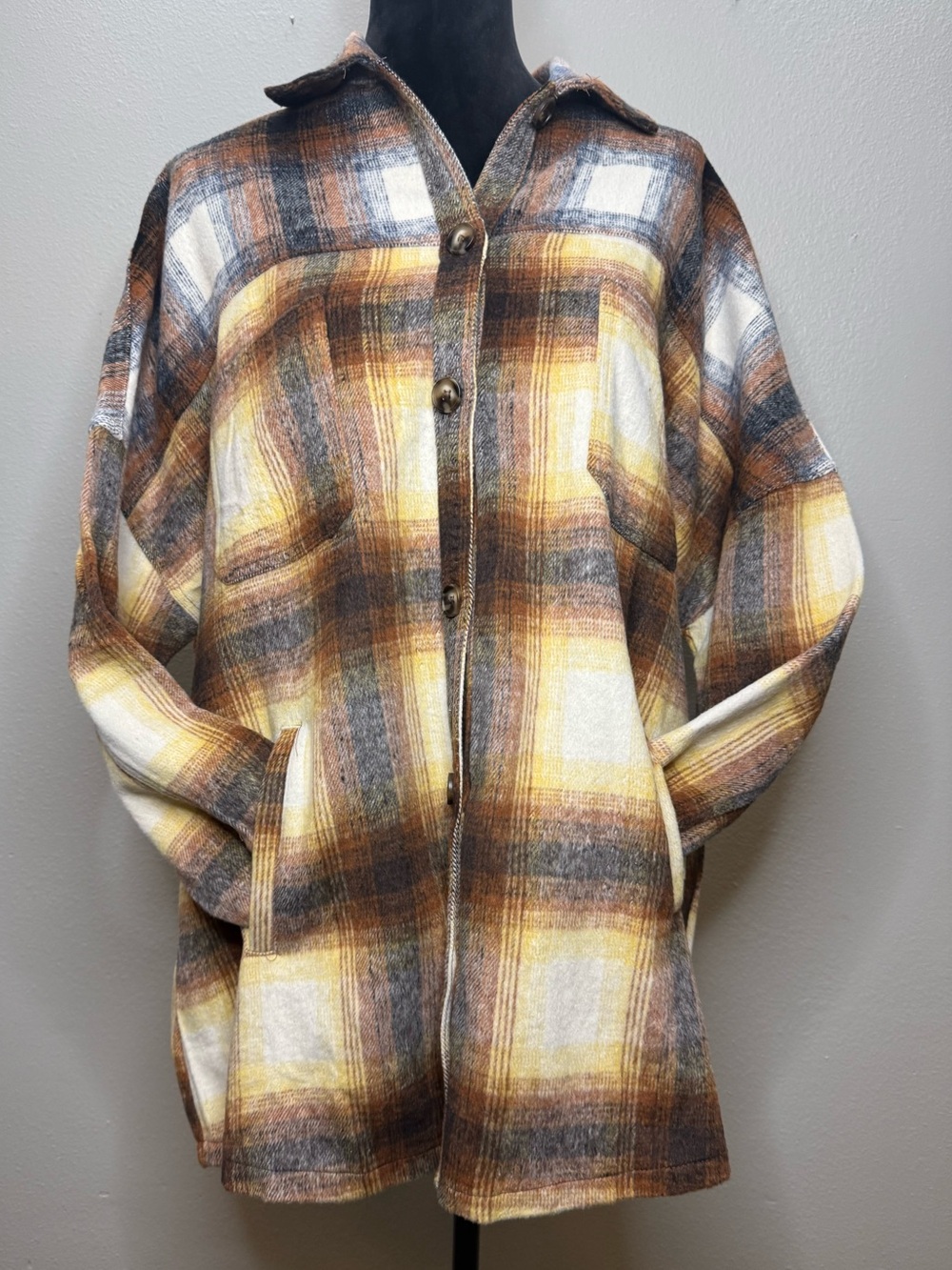 Women’s Plaid Button-Front Shacket in Brown & Yellow